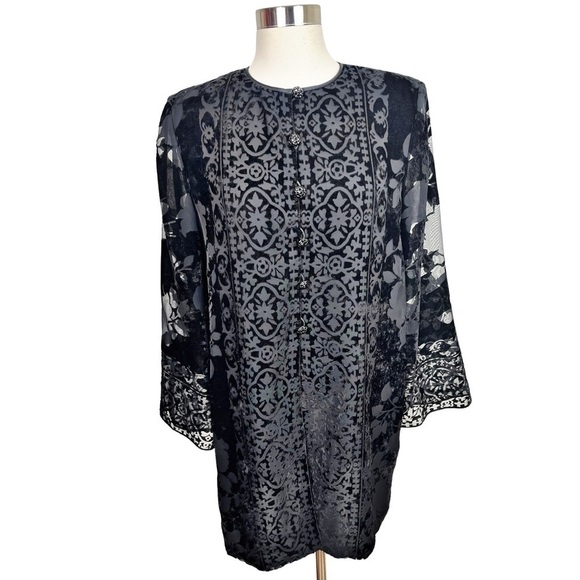 VTG 80’s Rickie Freeman For T.J. Nites Flocked Black Velvet Kimono Jacket Size 8 - Picture 2 of 12